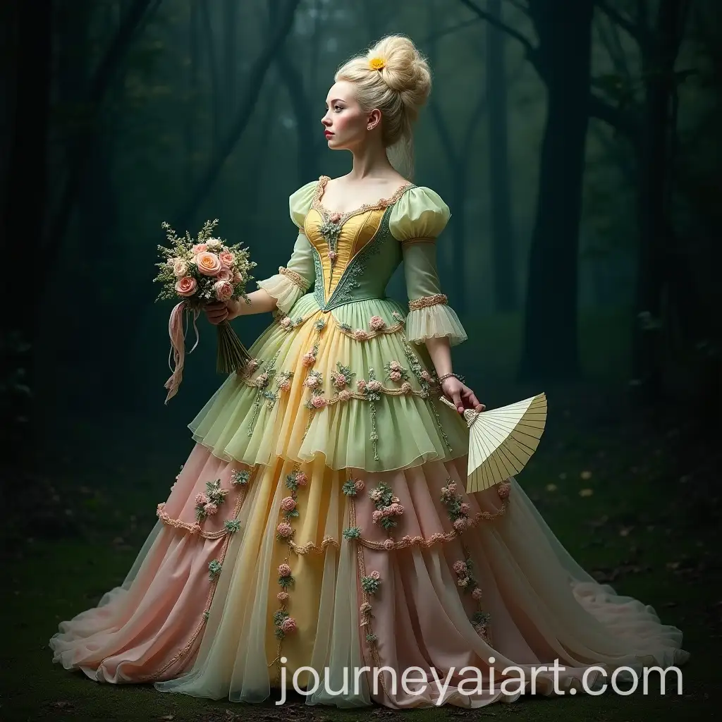 Fantasy-Portrait-of-Woman-in-Elaborate-Floral-Gown-with-Parasol-and-Bouquet