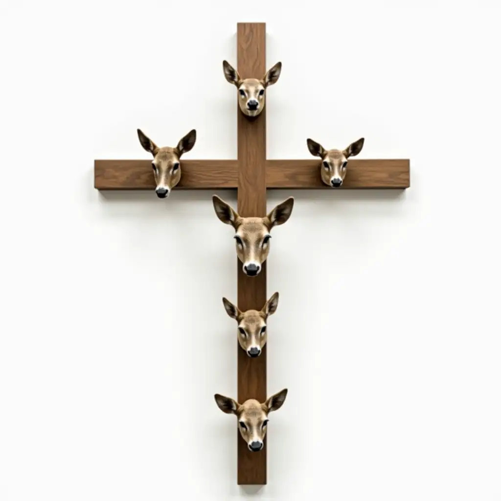 A surreal art installation featuring a large wooden cross, with several animal heads attached to it in the style of mounted trophies, much like deer heads on a wall. The animal heads are perfectly secured to the cross, positioned at various points along its surface, with each head looking forward, as if frozen in time. The heads are realistic, showcasing intricate details of their fur, eyes, and natural features, with no visible signs of injury. The wooden cross is upright and detailed, with a smooth texture that contrasts with the raw, organic nature of the mounted heads. The background is completely white, highlighting the stark and unsettling juxtaposition of the animal heads against the simple, clean structure of the wooden cross.