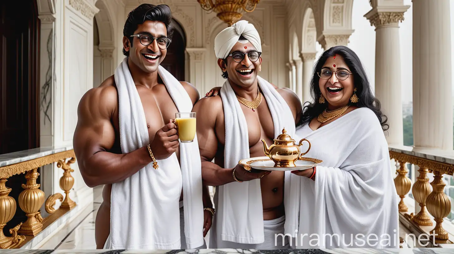 Indian Man and Woman Enjoying Morning Tea in Luxurious Palace Balcony