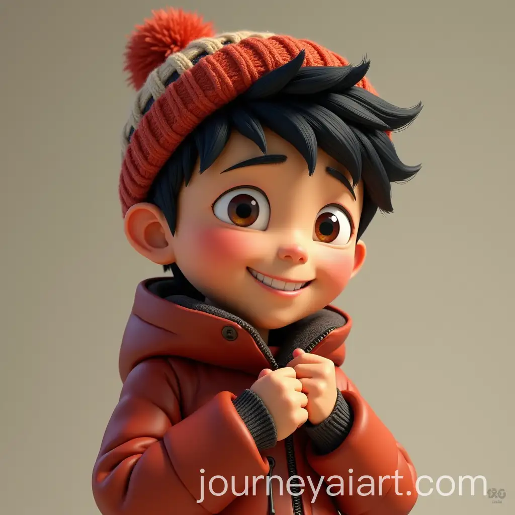 PixarStyle-Asian-Boy-in-Knit-Hat-Putting-on-Jacket