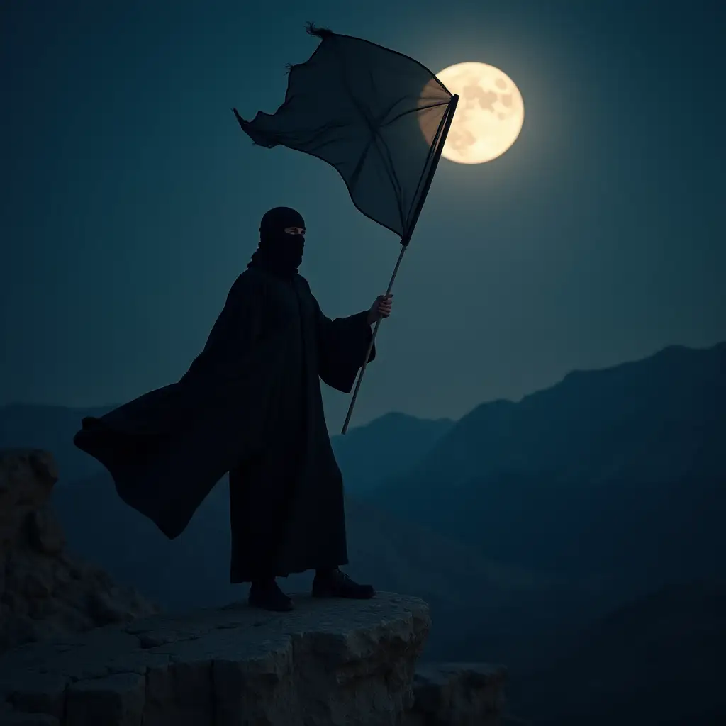 a masked jihadist from the Islamic state wearing a black abaya appears at night on mountain cliffs placing a foot on a rock and raising a black flag looking at the moon