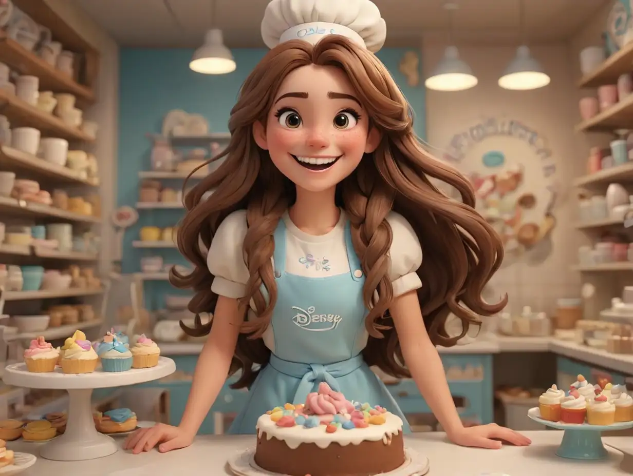 Wide shot of a girl with long brown hair, wearing a baking outfit, she very smile,  in a cake shop,  3d disney inspire , 3d disney inspire