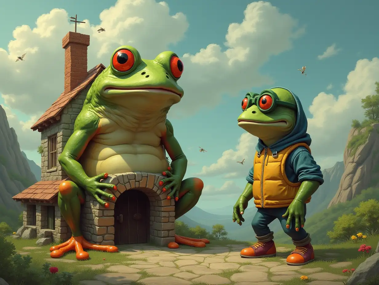 Frog and a human who transforms into a building