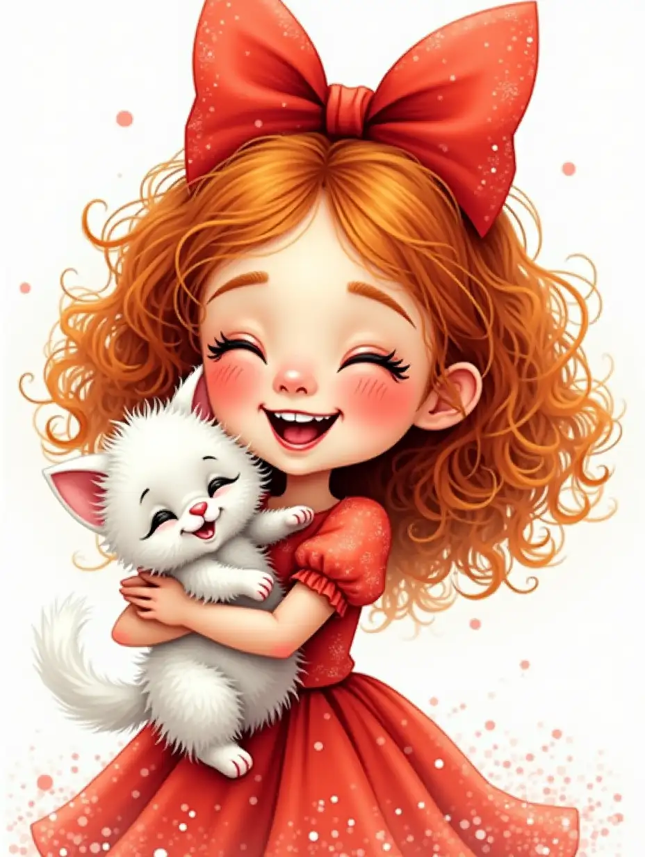 A caricatured tender funny girl in full growth, European appearance DreamWorks reddish curls, drawing of eyelashes, closed eyes, rosy chubby cheeks with freckles, plump lips laughing. On her head there is a large red bow, dressed in a red fluffy airy dress with sparkles, hugs, cute fluffy white kitten, ink drawing, 4k, high detail photorealistic airy realistic watercolor, photorealism, wide strokes,