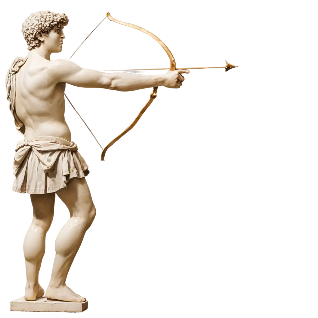 roman statue holds a bow in his hand and tries to aim at the target with it with side view