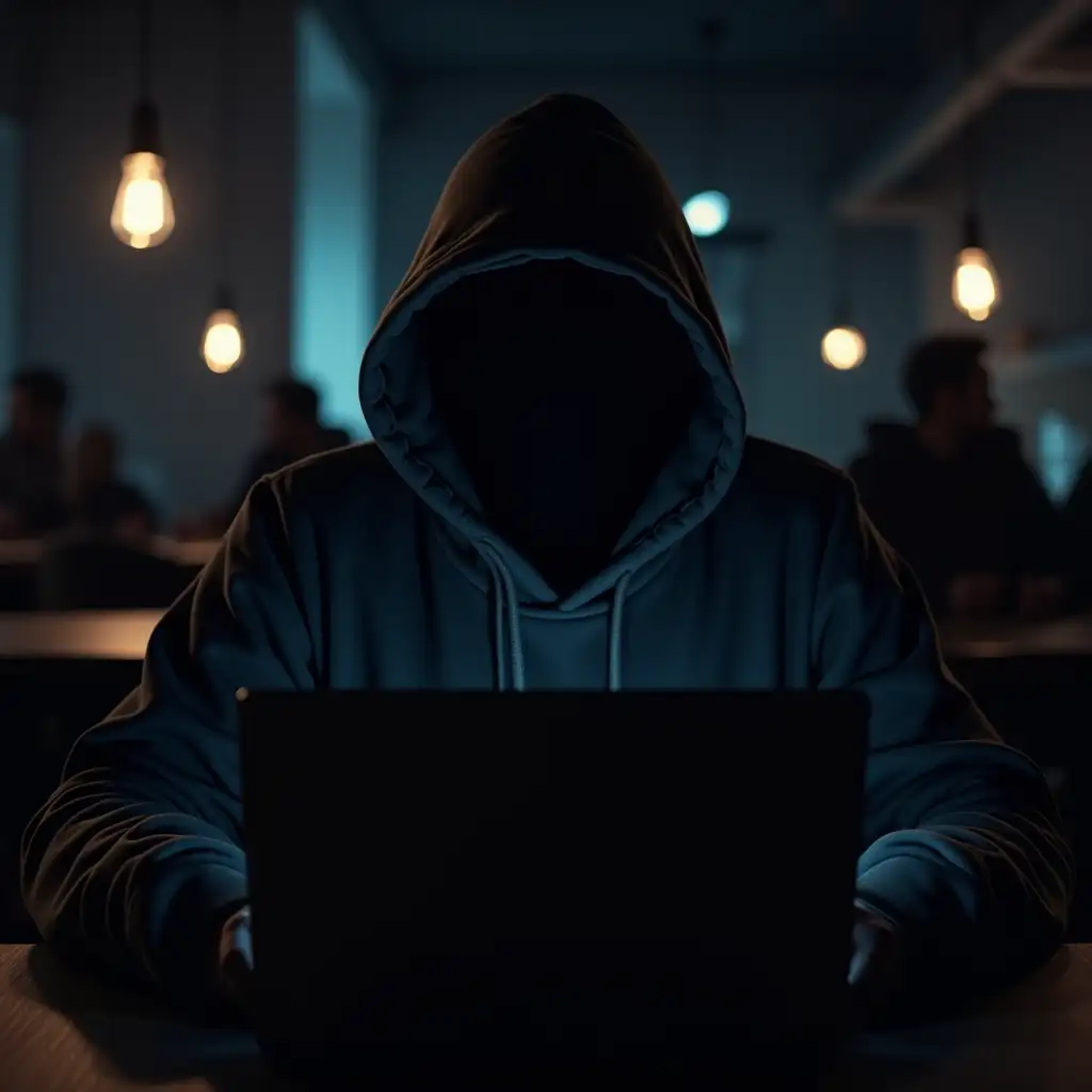 Hacker sits in a dark cafe at night, with a laptop open in front of him with the dim light of the screen illuminating his figure. He is wearing a black and white hoodie with a hood that covers his face, leaving his face in complete dark emptiness. The hacker's hands are on the keyboard, creating a tense atmosphere. Behind him you can see slightly blurry silhouettes of other tables and soft light lamps of cafe, adding depth to the night atmosphere.