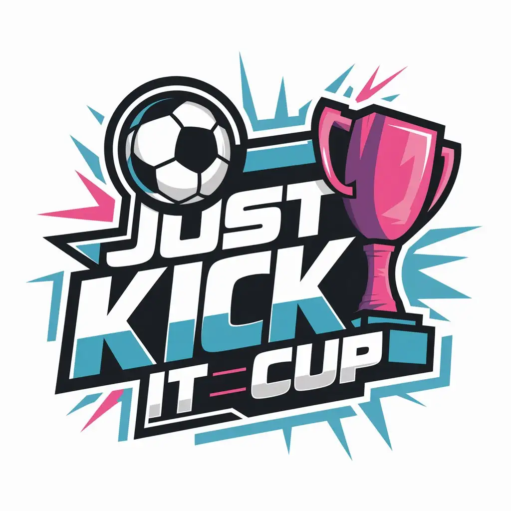 LOGO Design for Just Kick It Cup Modern Soccer Tournament Theme with Ball and Trophy in Blue White Pink and Purple