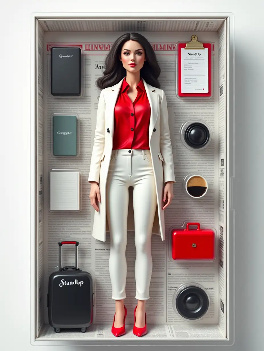 Draw a maximally realistic collectible figure of a woman in a photo. This should be an action figure in a box as a collectible item. Work out the small details so that the figure is not just a static model but a real work of art.  The figure depicts a 35-year-old woman, stylishly dressed: light pants and a red silk blouse, a white coat and elegant red high heels with a narrow toe.  In the blister packaging are carefully tucked away all necessary accessories: a laptop, a notebook with 'StandUp' written on it, a cup of coffee, a small suitcase with the inscription [marketing] .  The figure packaging is made of durable, transparent plastic, which allows you to see the figure from all sides.  A realistic visualization of the figure was developed using studio lighting, creating clear shadows and providing an opportunity to examine all the nuances of the cut of clothing and skin texture. The background for this packaging is chosen in the form of a black-and-white newspaper pattern with red letters in the headlines.