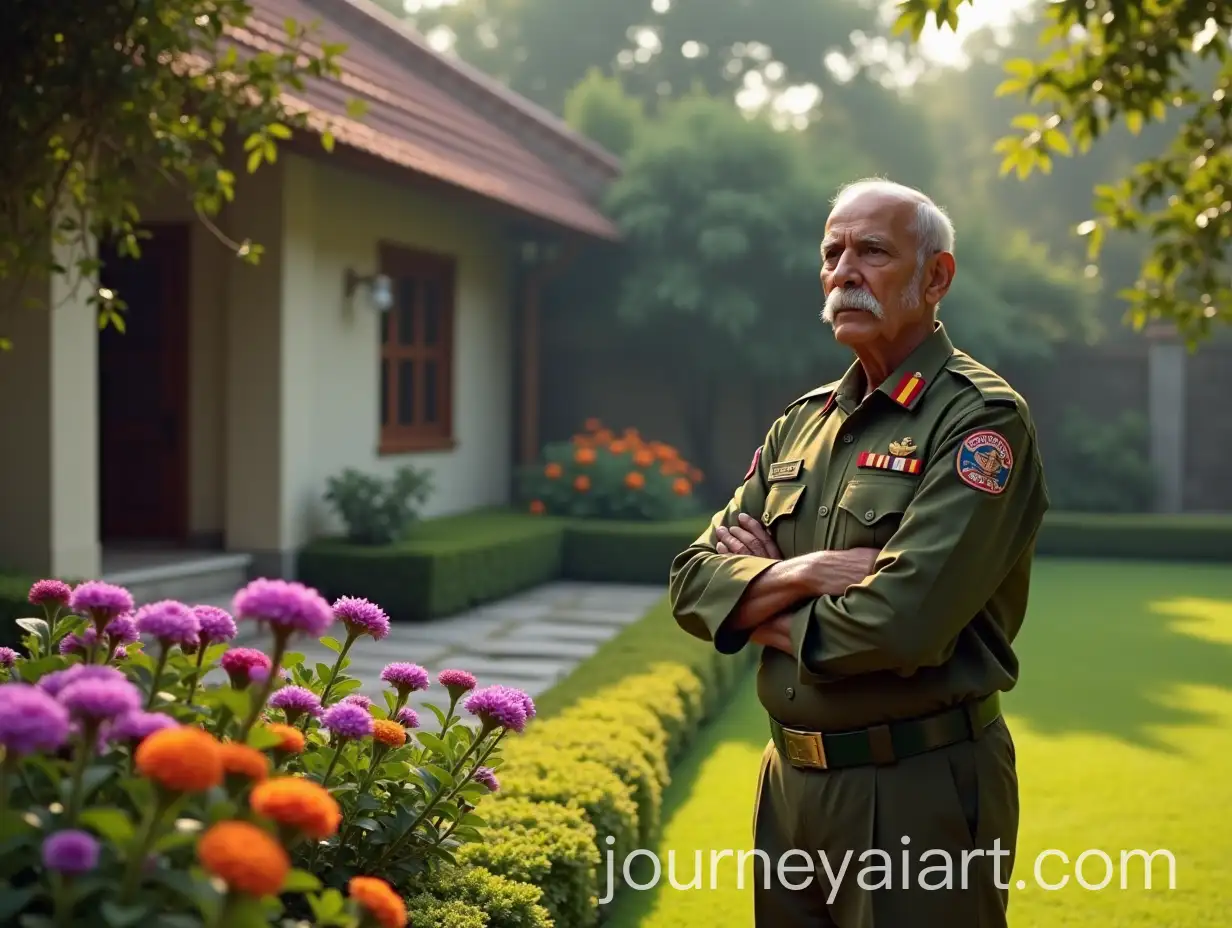 Elderly-Indian-Army-Colonel-in-Olive-Green-Uniform-Standing-in-a-Bungalow-Garden