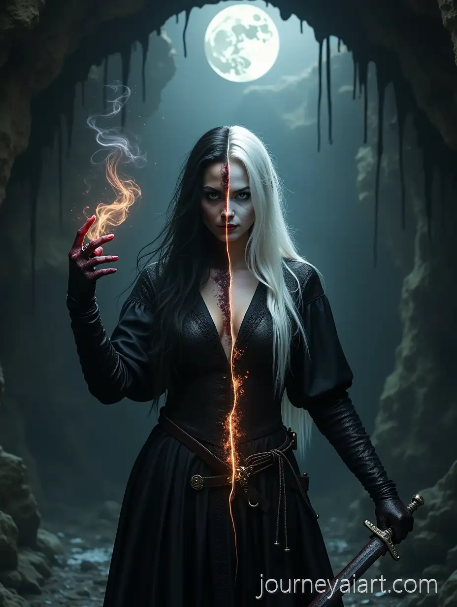 Dark-Fantasy-DualHalf-Character-with-BloodStained-Dagger-and-Magical-Violin-in-Gloomy-Cave