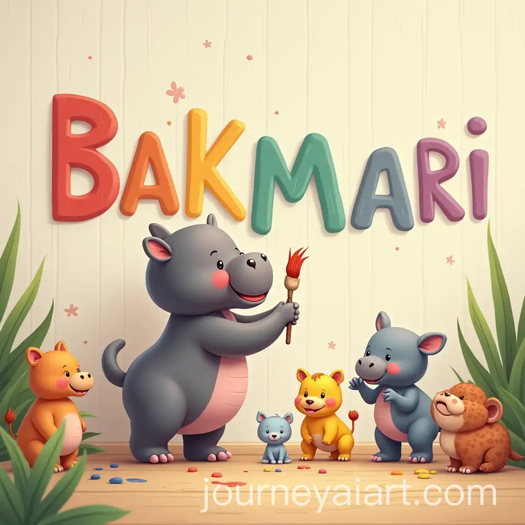 Baby-Hippopotamus-Painting-BAKMARI-on-Wall-Surrounded-by-Cute-Baby-Animals