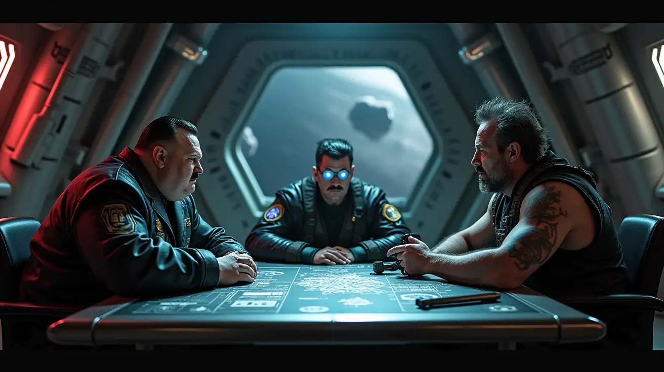 Depict three distinct figures seated around a futuristic metallic table in a dark, industrial setting. The table is surrounded by muted holographic projections of star maps, tactical data, and schematics, casting soft, understated glows in red and blue that illuminate the characters and the metallic surfaces around them. An extremely obese Adolf Hitler lookalike, pale man in his 50s with slicked-back dark hair, wearing a sharp, angular futuristic spacesuit with faint red and blue accents. He sits at the head of the table, exuding arrogance and control with a stern, domineering expression. A tall, wiry man in his 50s with wild, unkempt hair and oversized, slightly glowing goggles. He leans forward toward a hologram, his animated gestures reflecting his eccentric, obsessive personality. A muscular, scarred man in his 50s with a rugged, commanding demeanor. He wears dark, reinforced combat armor with faintly glowing insignias, sitting solidly with one hand resting on a futuristic weapon, radiating quiet strength and discipline. The environment is dark and industrial, with towering conduits and machinery lining the walls. Dim, flickering lights provide sparse illumination, casting long shadows across the metallic surfaces. In the distance, large observation windows reveal a vast, treacherous asteroid field, faintly visible against the blackness of space. The color palette emphasizes deep blacks and grays, with subdued red and blue highlights, creating a gritty, atmospheric scene that conveys tension and authority.