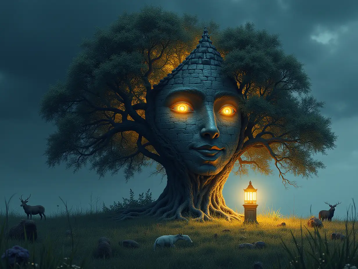 Creating a digital painting of a face with hair transforming into a building with silver stones and illuminated trees with roots and lantern on a meadow with animals