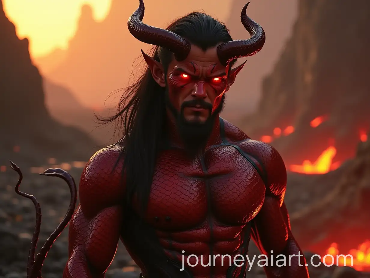 Athletic-Male-Demon-in-Shimmering-Red-Snakeskin-Bodysuit-in-Volcanic-Landscape