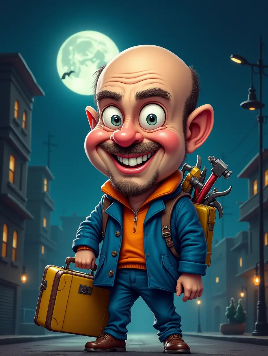 A humorous and vibrant illustration of a bald man with a funny facial expression smiling, big eyes and a small, quirky mustache. He is dressed in a ROYAL blue jacket with an orange collar and carries a yellow suitcase filled with an assortment of tools. It's a moonless night. He is very scared. He is on a dark and deserted street, He stops in front of a bar, full of ugly and bad-looking people.caricature, f- 4k, caricature