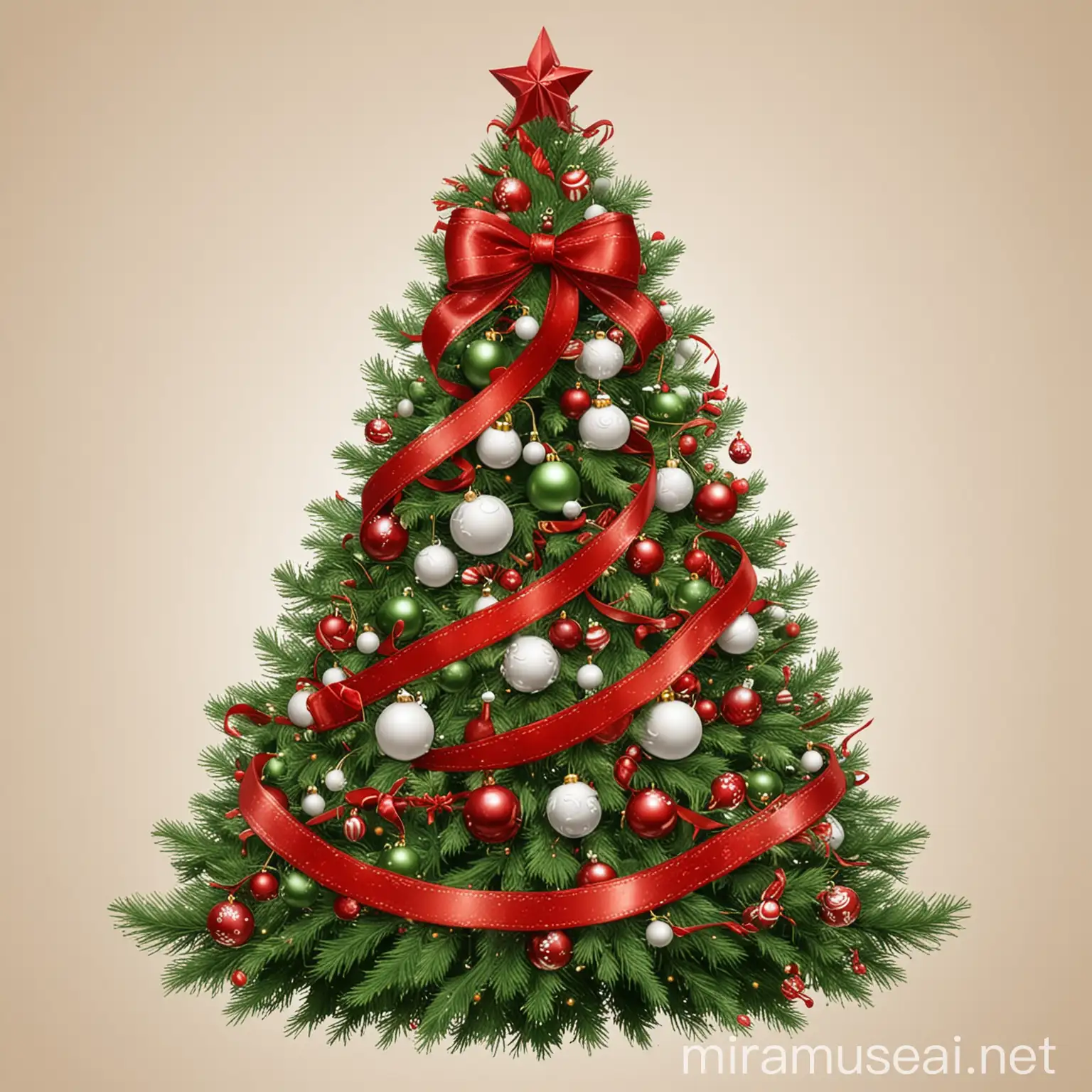 Festive Christmas Tree Decorated with Red Ribbon and White Ornaments