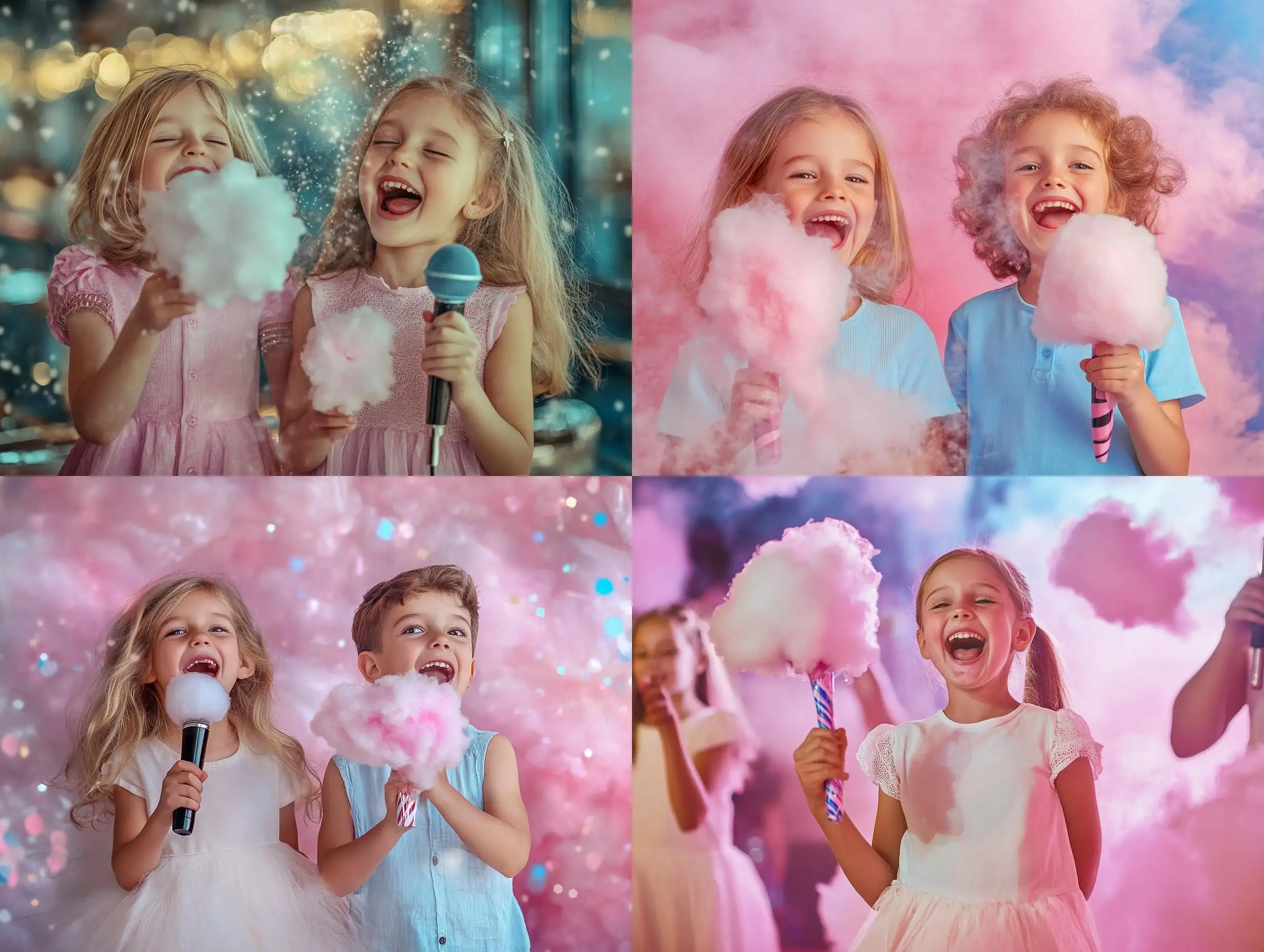 Joyful-European-Children-with-Cotton-Candy-and-Microphone-at-Festive-Party