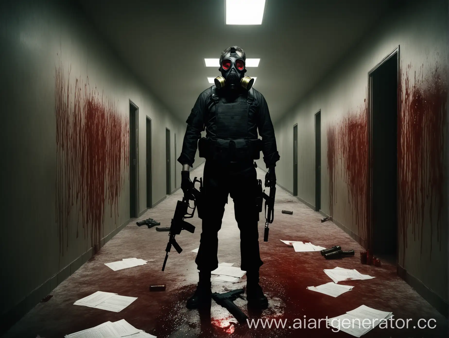 Man-in-Black-Clothing-and-Gas-Mask-with-Documents-and-Gun-in-Bloody-Corridor