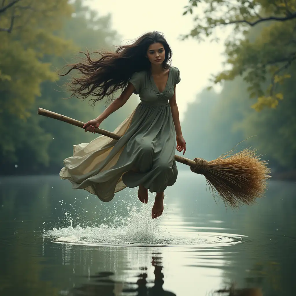 Young-Woman-Riding-Broom-Upside-Down-Over-New-River-with-Hair-Dragging-in-Water