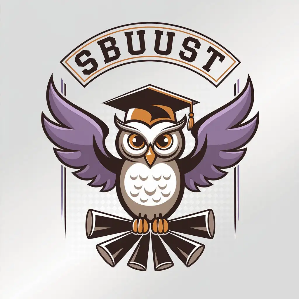 a vector logo design,with the text "SBUUST
", main symbol:vector logo design with the text "SBUUST", main symbol: vector logo design with the text "SBUUST", main symbol: vector logo design with the text "SBUUST", main symbol: Owl with an academy hat on its head, on the background of owl purple wings, unfolded diplomas under feet. The inscription "SBUUST" is located at the top in the form of an arc, on a moderately transparent background. Moderately Transparent Background, Moderately Transparent Background, Moderate, Transparent Background,Minimalistic,be used in Education industry,clear background