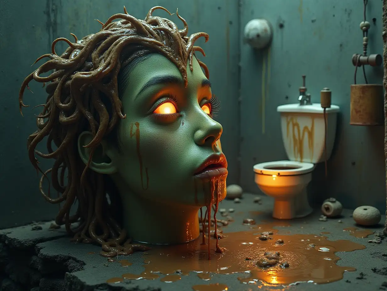 Creating a digital photo of a face with slime hair, that morphs into a building with brown soup and illuminated toilet with rusty iron and a river with floating paint worms and rusty lanterns and strange eerie shadow creatures