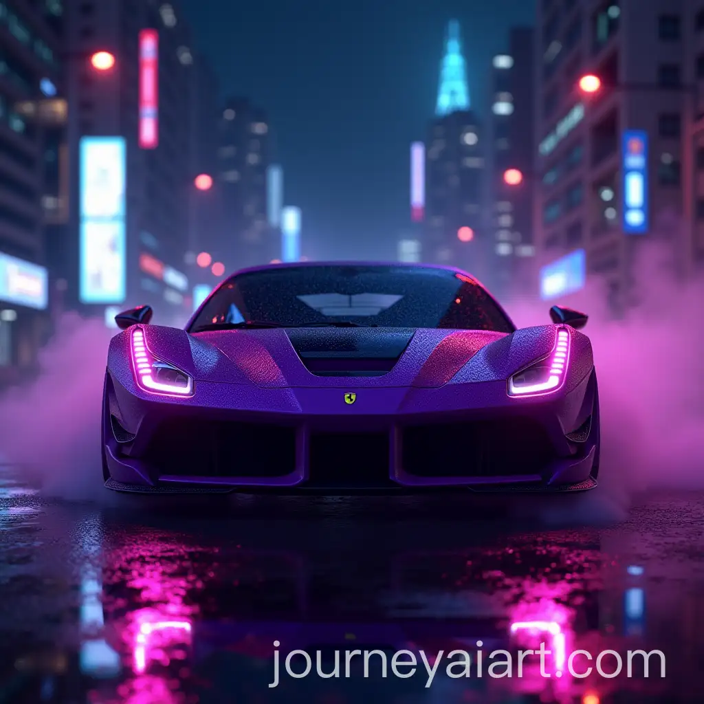 FAI-Image-Prompt-Expansionuturistic-Purple-Ferrari-in-Neon-Cyberpunk-City-with-Glitch-Effects