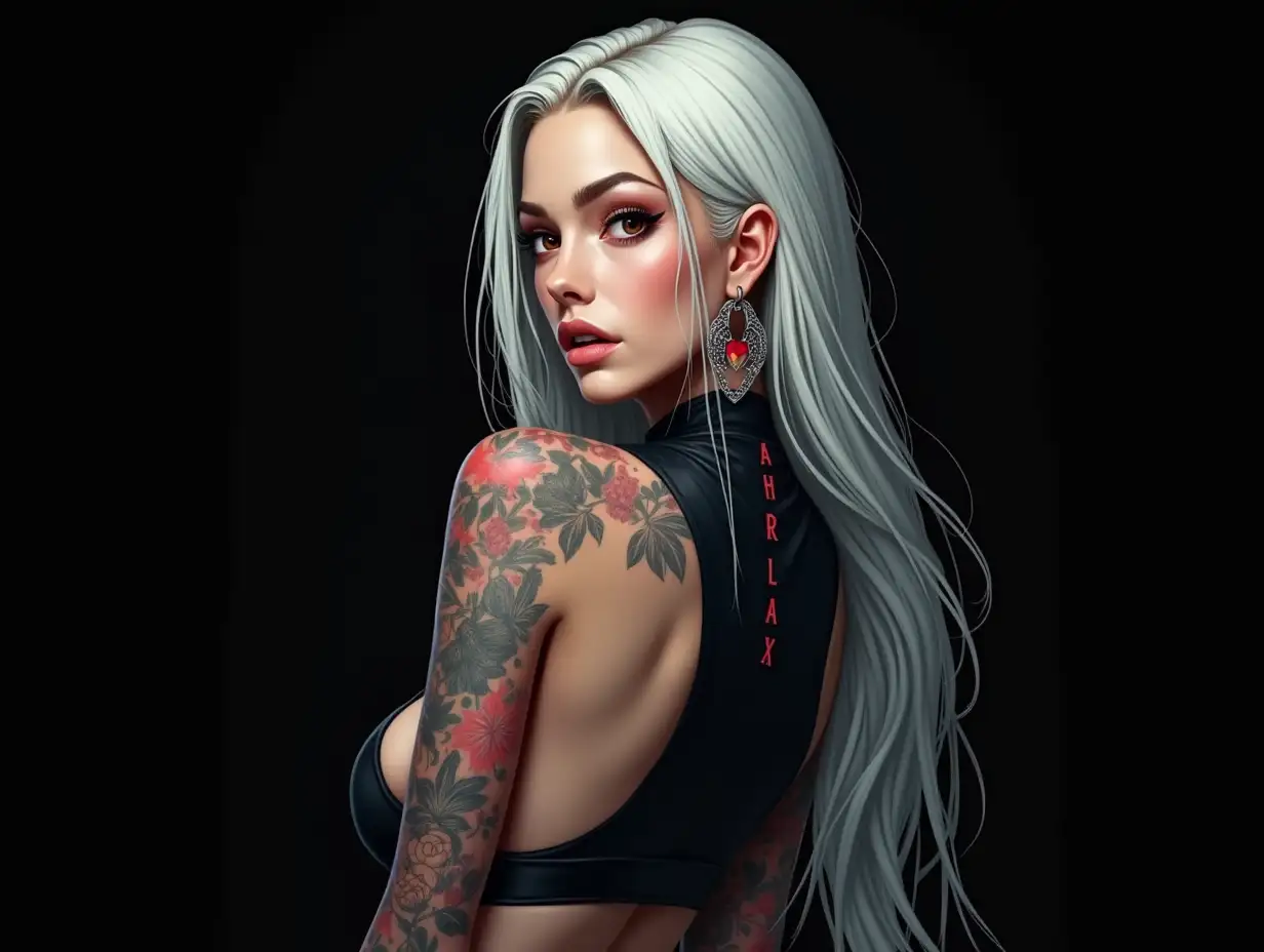 Depiction of a beautiful white woman with tattoos and long mixed white-black hair in a futuristic style and black background