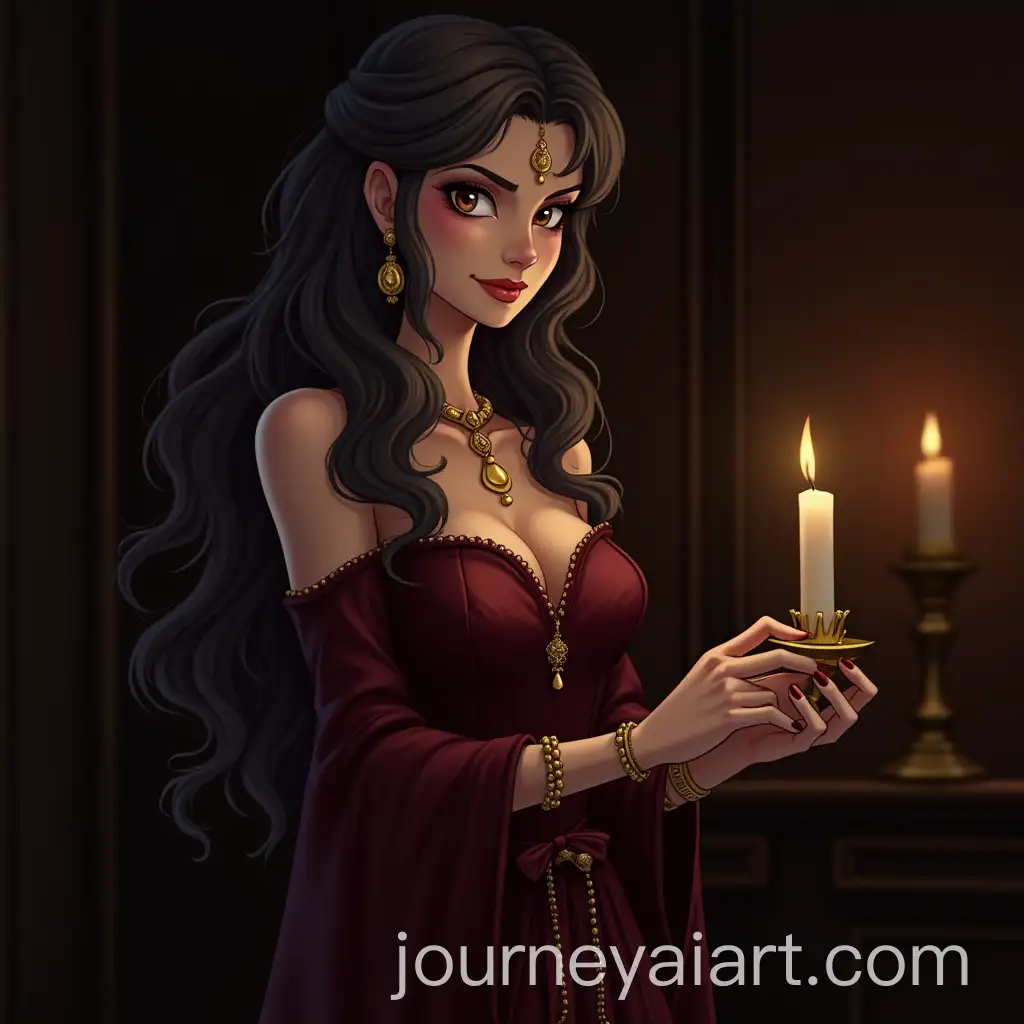 Fantasy-Medieval-Woman-with-Gold-Jewelry-in-Royal-Room-Holding-Candle