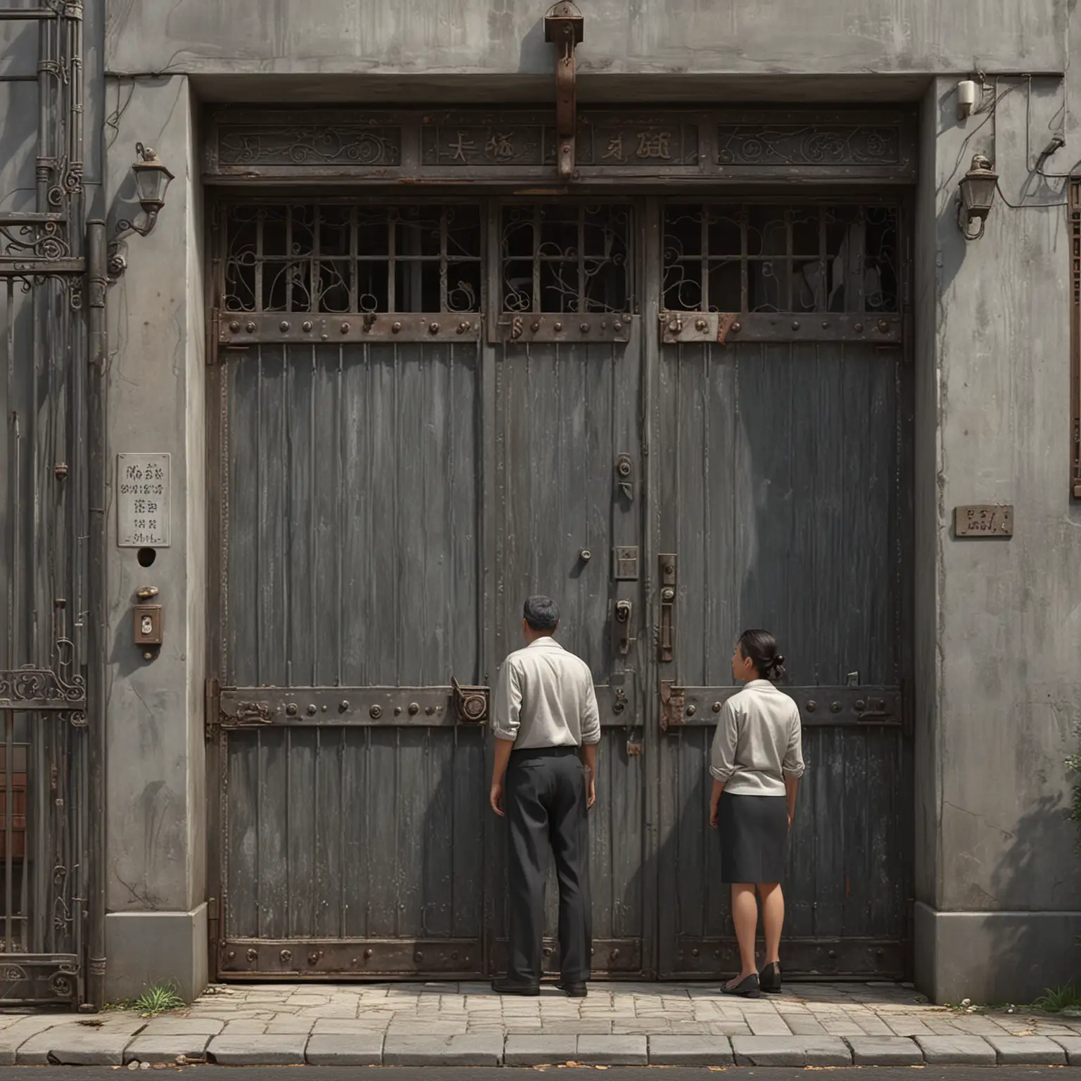 workshop gray big iron gate, a small door next to it, a cadre-like man who looks like he is about to go home after work and a female worker talking. 1964. China's main body is very clear. Digital art. High definition. Hyperrealism.