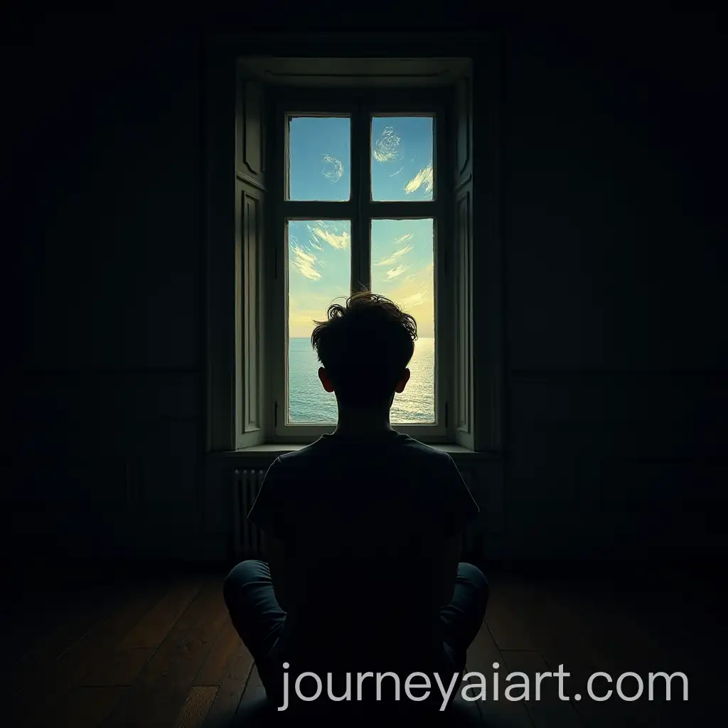 Man-Gazing-at-Van-Gogh-Painting-Through-Darkened-Room-Window