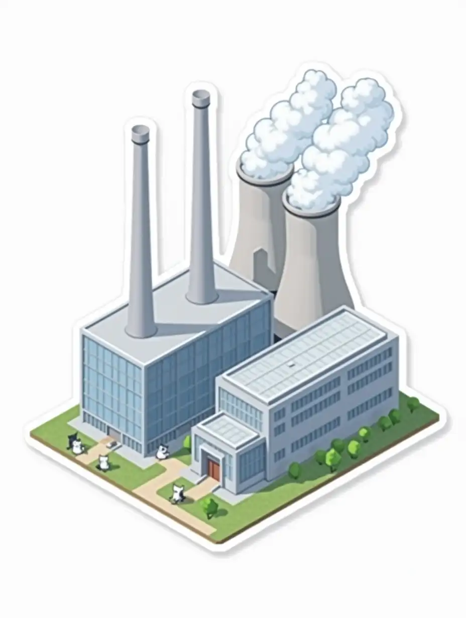 isometric vector sticker:  two industrial buildings of silver color with cylindrical roofs on top, behind them 3 large cooling towers of light gray-silver color, clouds rise from the cooling towers. There are small white cats in office clothes nearby. The overall image mimics the appearance of a cut-out laminated sticker, the sticker is bright in the anime style. The overall image mimics the appearance of a cut-out laminated sticker, the sticker is bright in the anime style.  die cut sticker design top-view, high resolution, vector art,  white background, paint in anime style