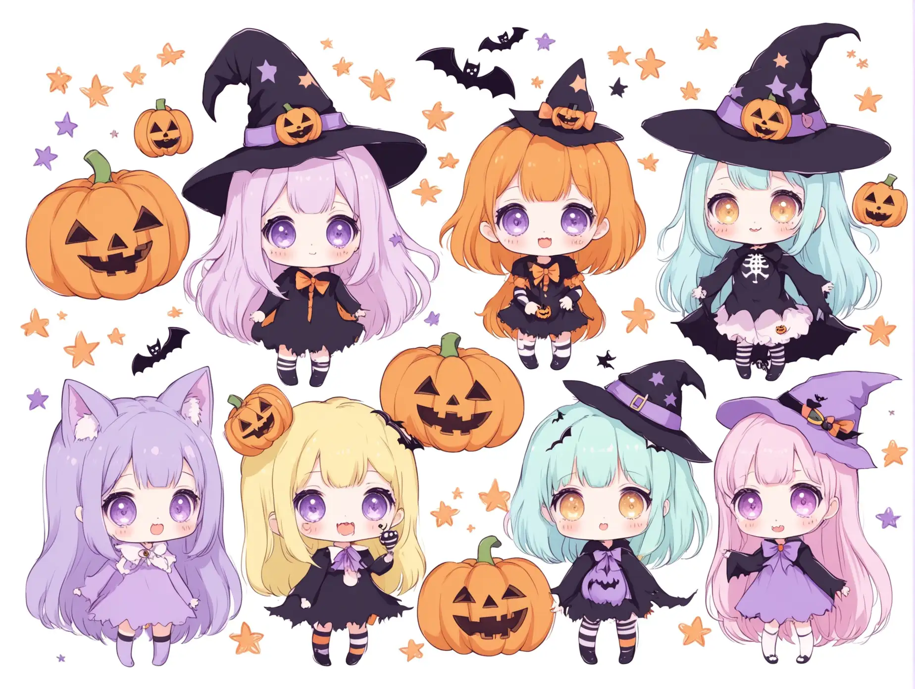 Adorable Pastel Halloween Characters on White Background