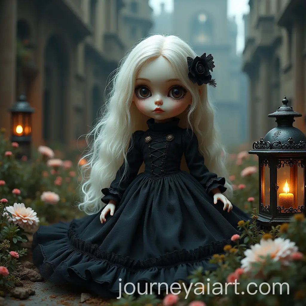 Gothic-Doll-in-a-Flower-Bed-with-Skeletons-and-Lanterns