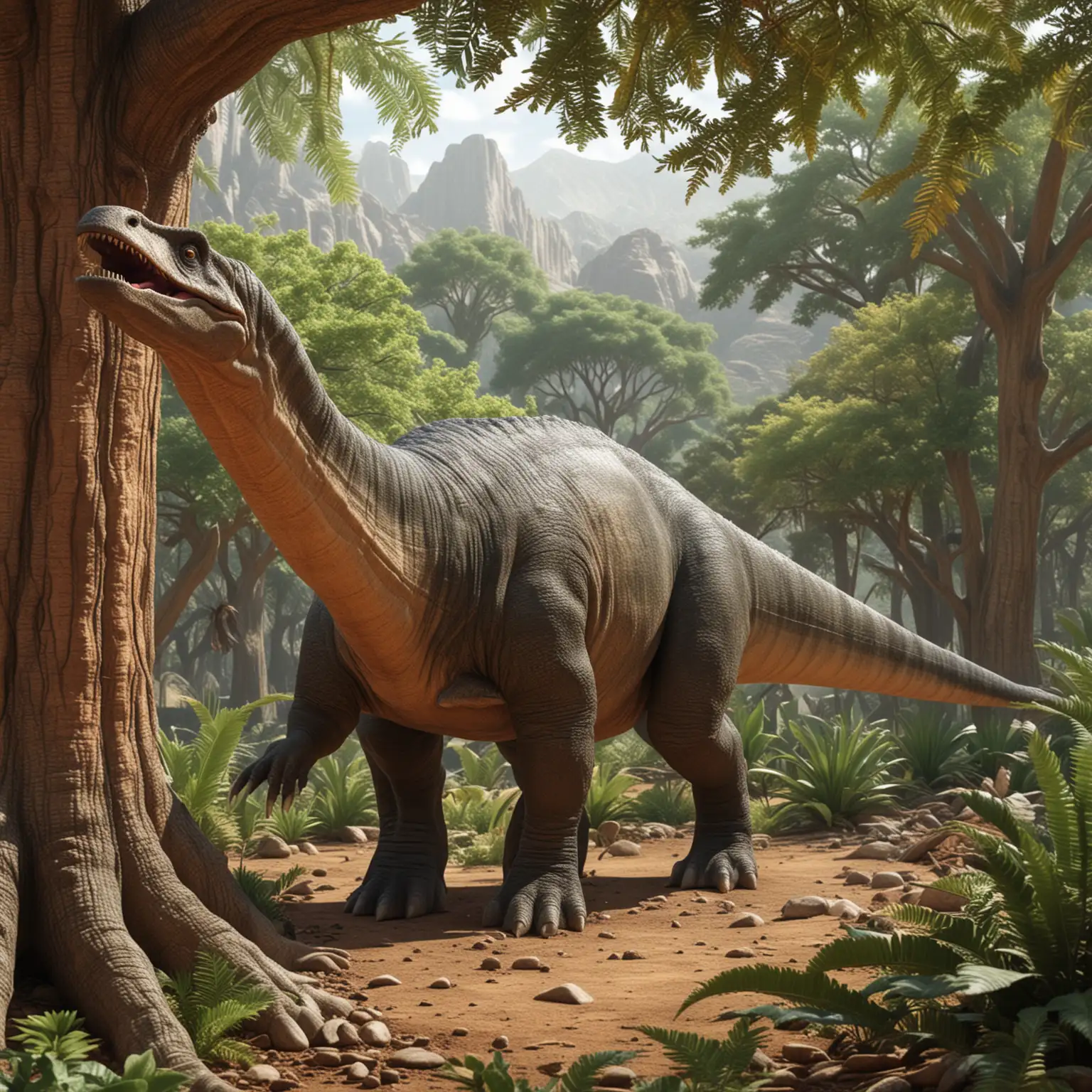 Colorful 3D Apatosaurus Feeding on Large Tree Illustration