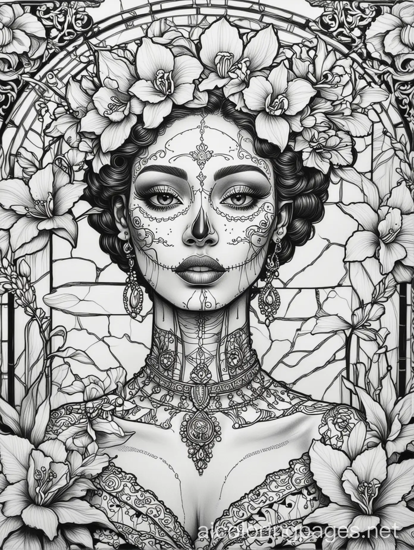 coloring book style, black and white line drawing, versace style, African woman in Day of the Dead skeleton makeup, accurate rendering of human form, background filled with simple stained glass images of orchid flowers, Coloring Page, black and white, line art, white background, Simplicity, Ample White Space. The background of the coloring page is plain white to make it easy for young children to color within the lines. The outlines of all the subjects are easy to distinguish, making it simple for kids to color without too much difficulty