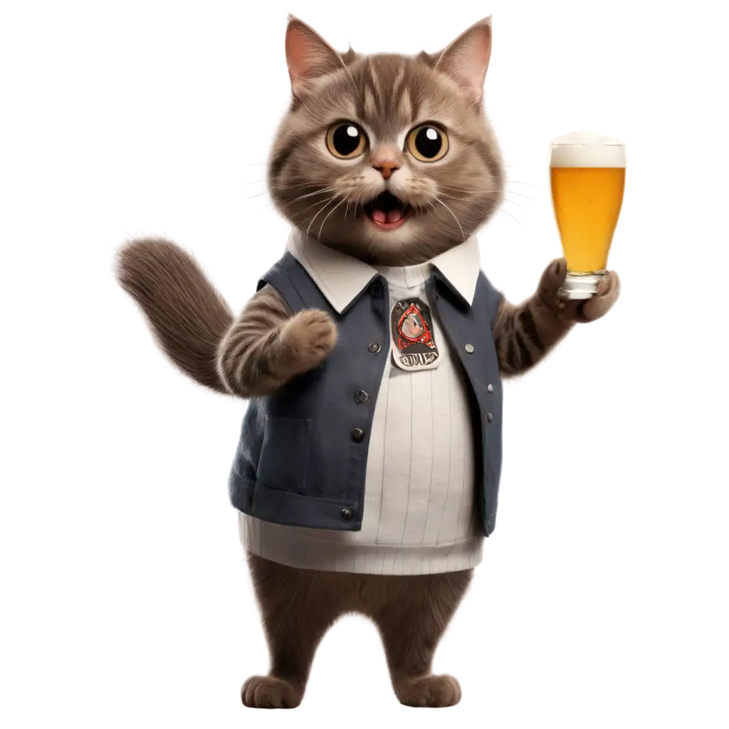 a cute cat holding a beer mug while oyher hand is a microphone singing