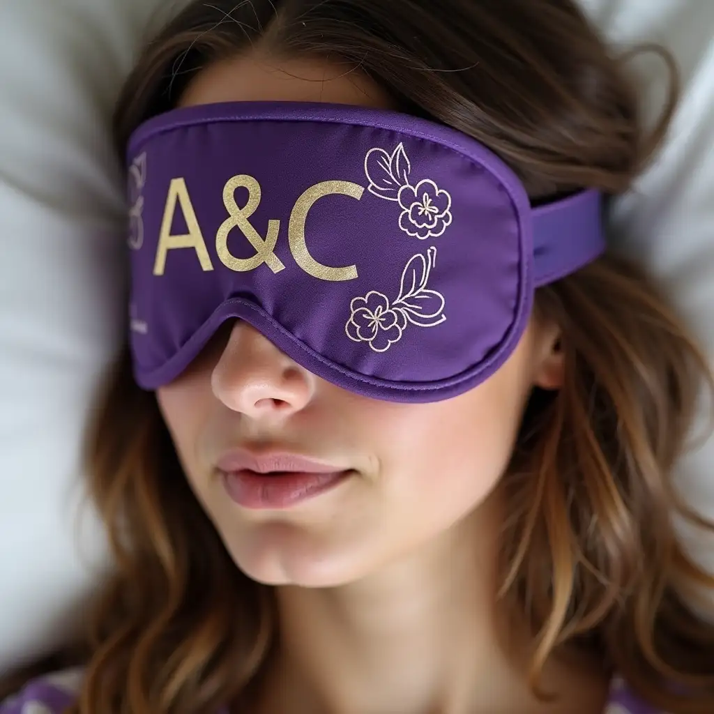 Young-Woman-Wearing-Purple-Sleep-Mask-with-Gold-AC-Logo-and-Berry-Illustrations