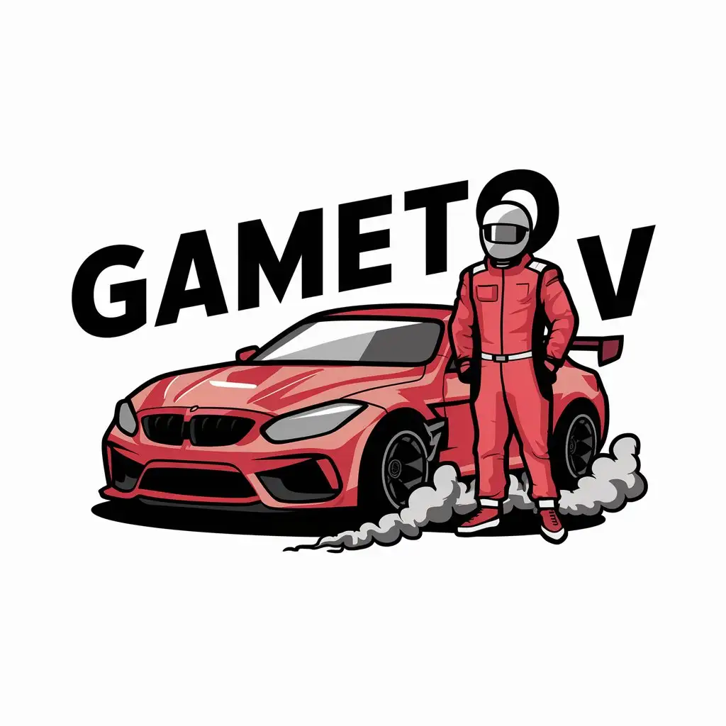 a vector logo design,with the text "GameTOV", main symbol:Next to the car stands a guy in racing gear and a helmet. Smoke from under the wheels,complex,be used in Game industry,clear background