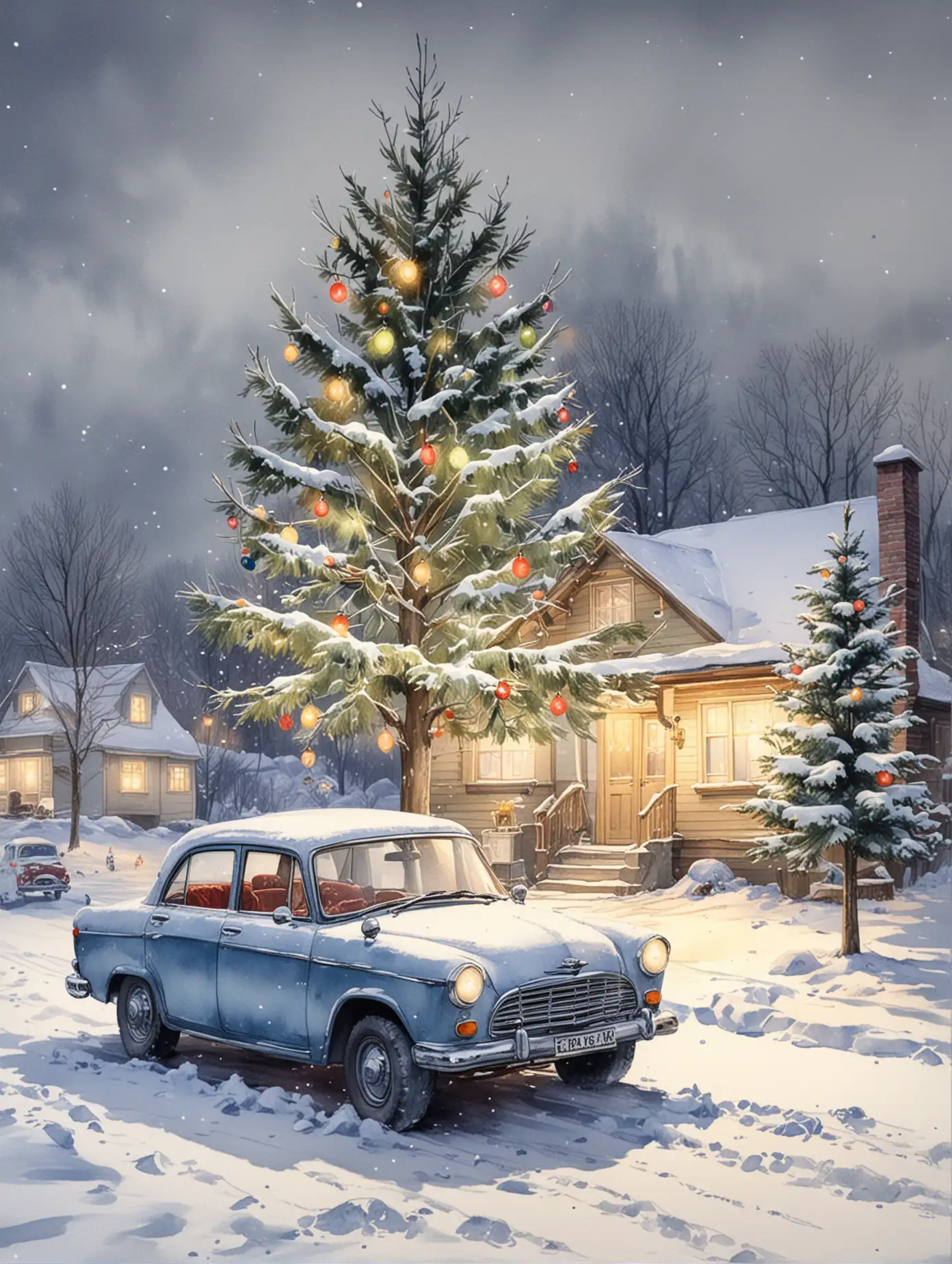 Grandpa-Frost-by-a-Decorated-New-Years-Tree-with-Snowy-Car-and-Lights