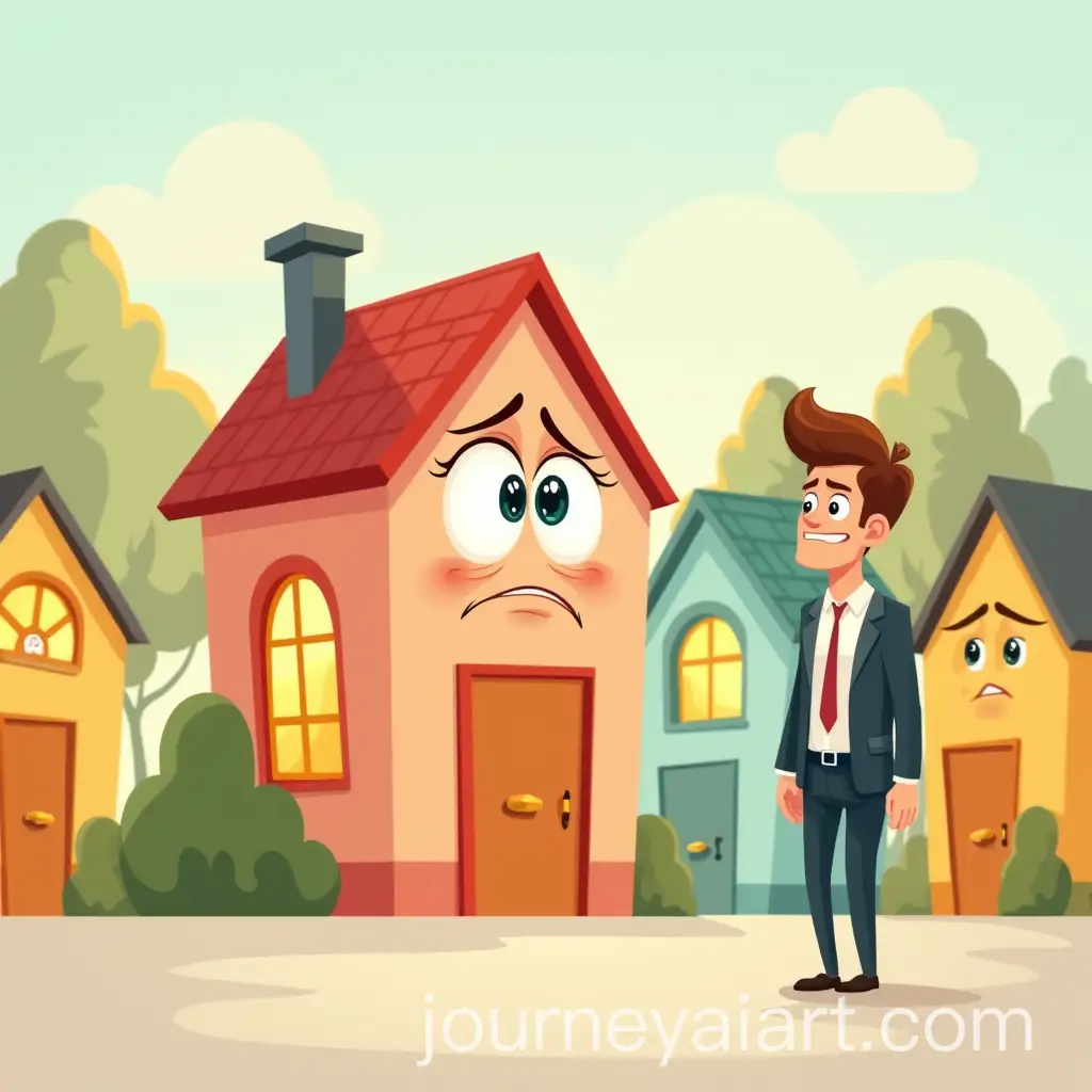 Cartoon-RealAI-Image-Prompt-Expansion-Estate-Scene-with-Sad-House-and-Cheerful-Neighbors