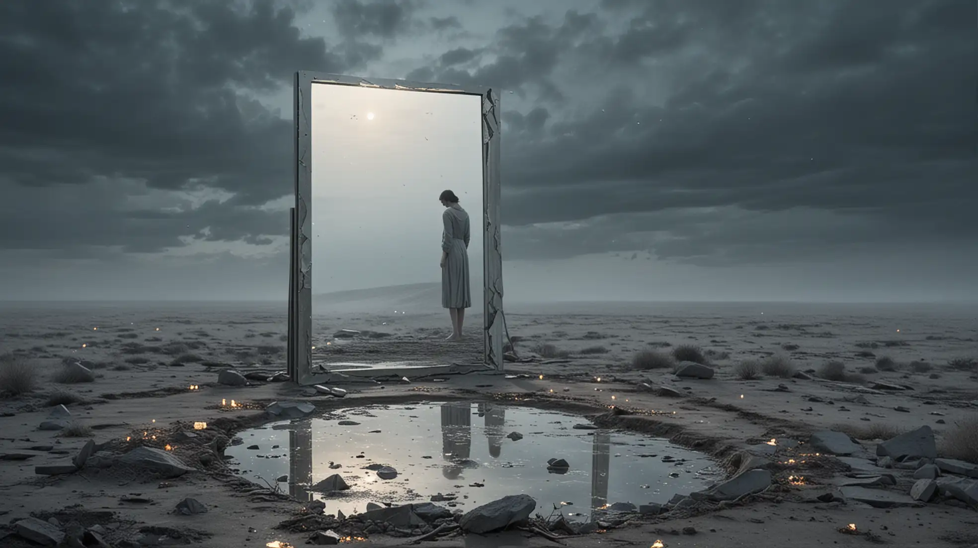 Lone-Figure-Contemplating-Shattered-Mirror-Under-Moonlight-in-Desolate-Landscape