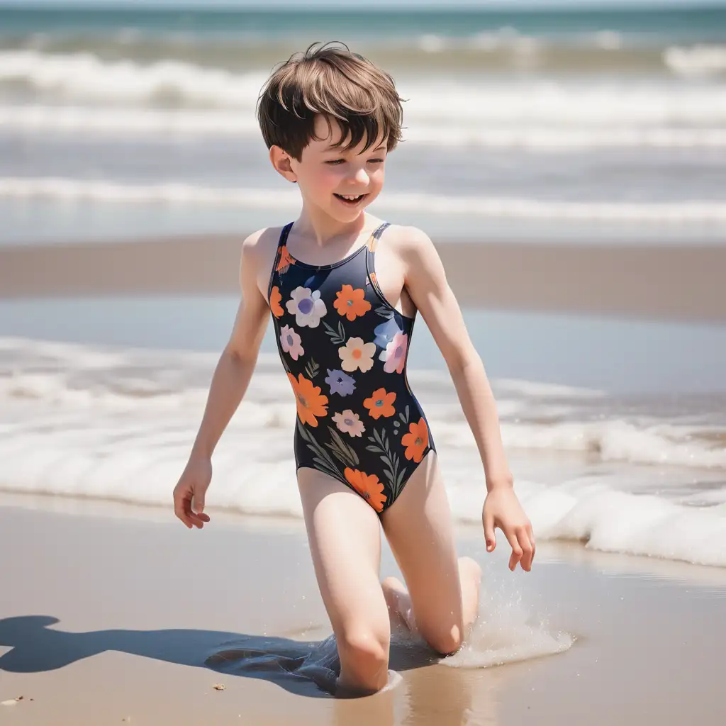 ShortHaired-Boy-Frolicking-on-the-Beach-in-Floral-OnePiece-Swimsuit