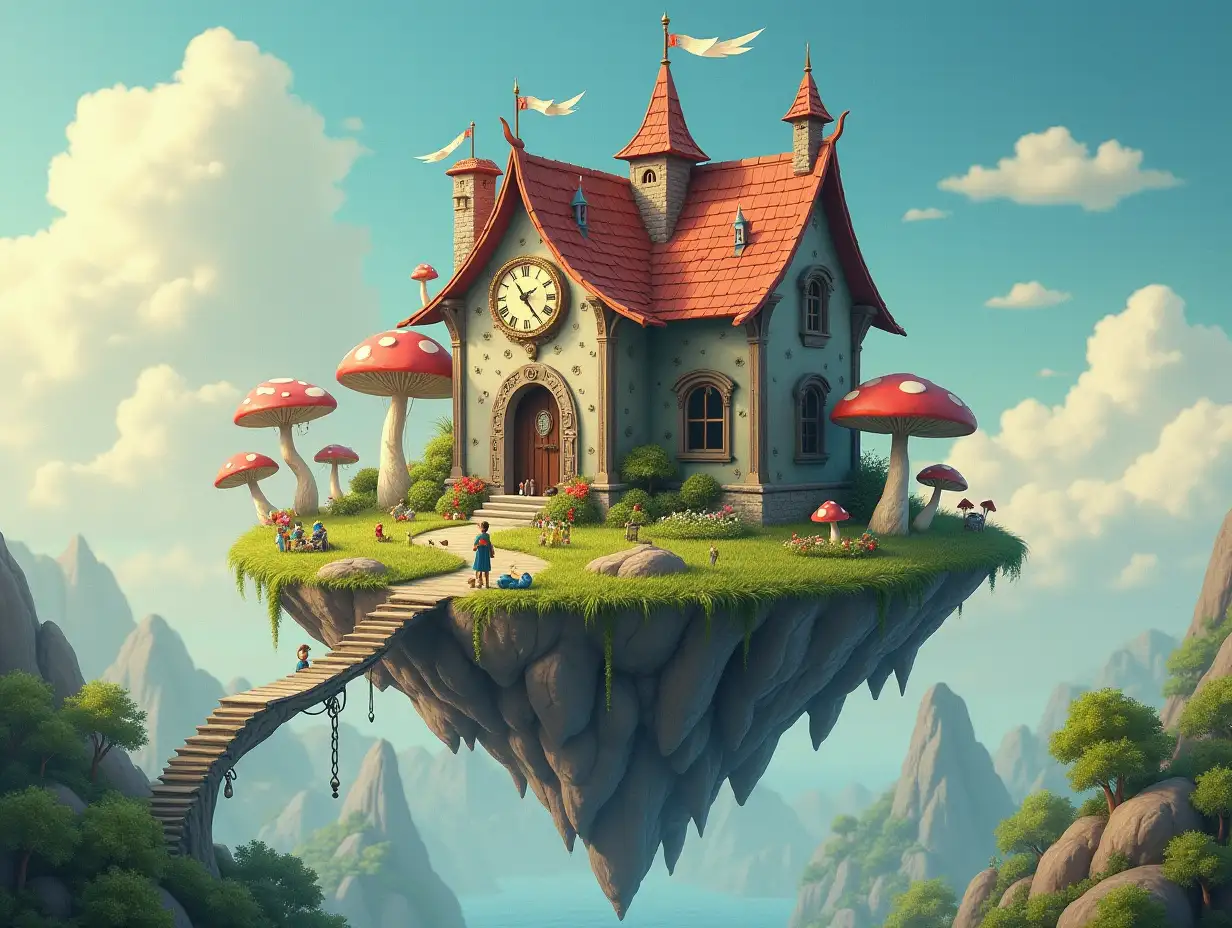 A magical floating island house with tiny people, giant steps and bridge, clocks and mushrooms and tiny people art