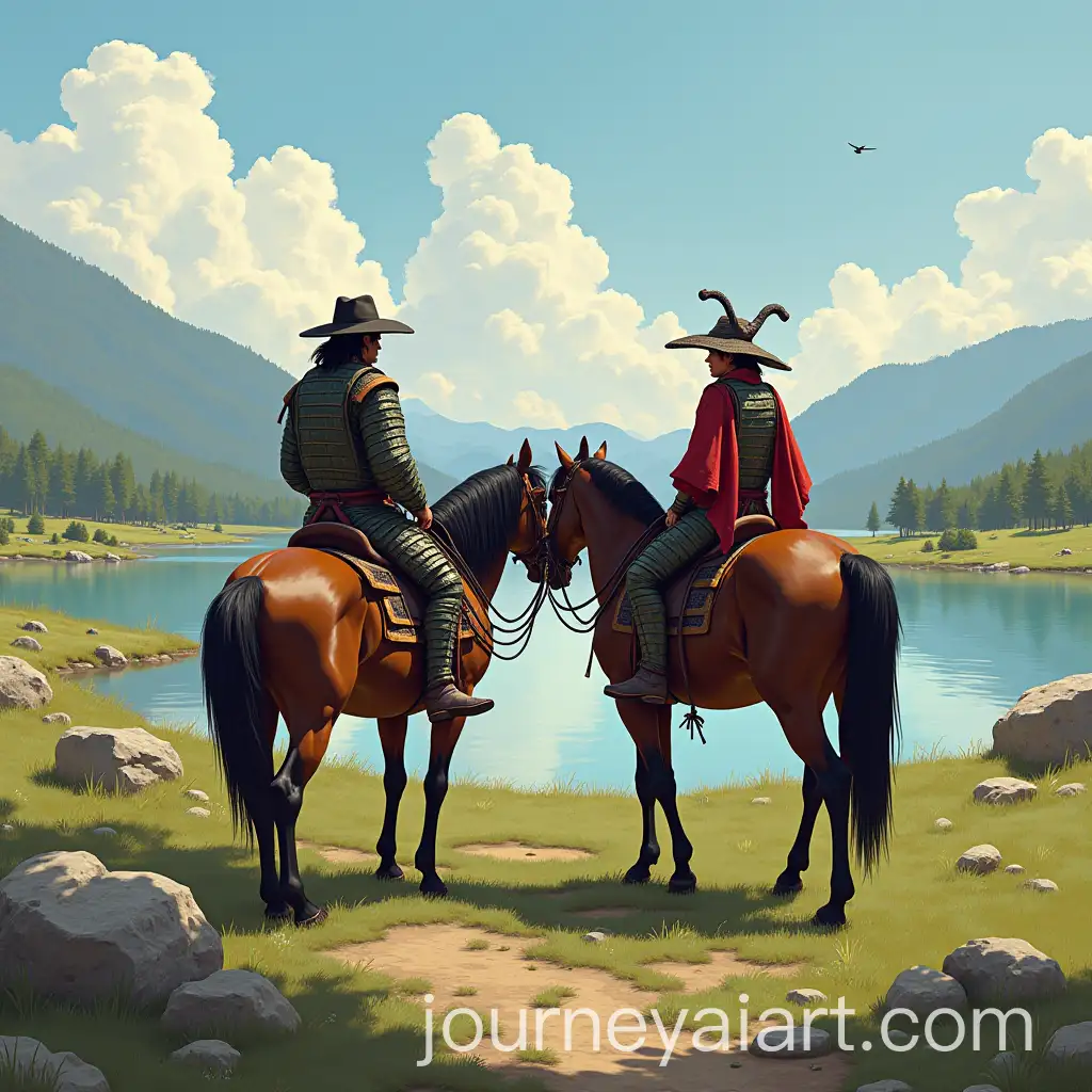 Cowboy-and-Samurai-Riding-Horses-Near-Lake-in-Friendly-Conversation