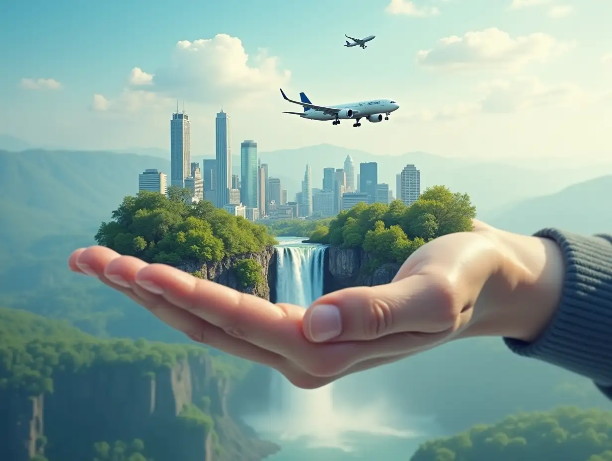 A outstretched hand with a city, airplanes and a waterfall in the hand