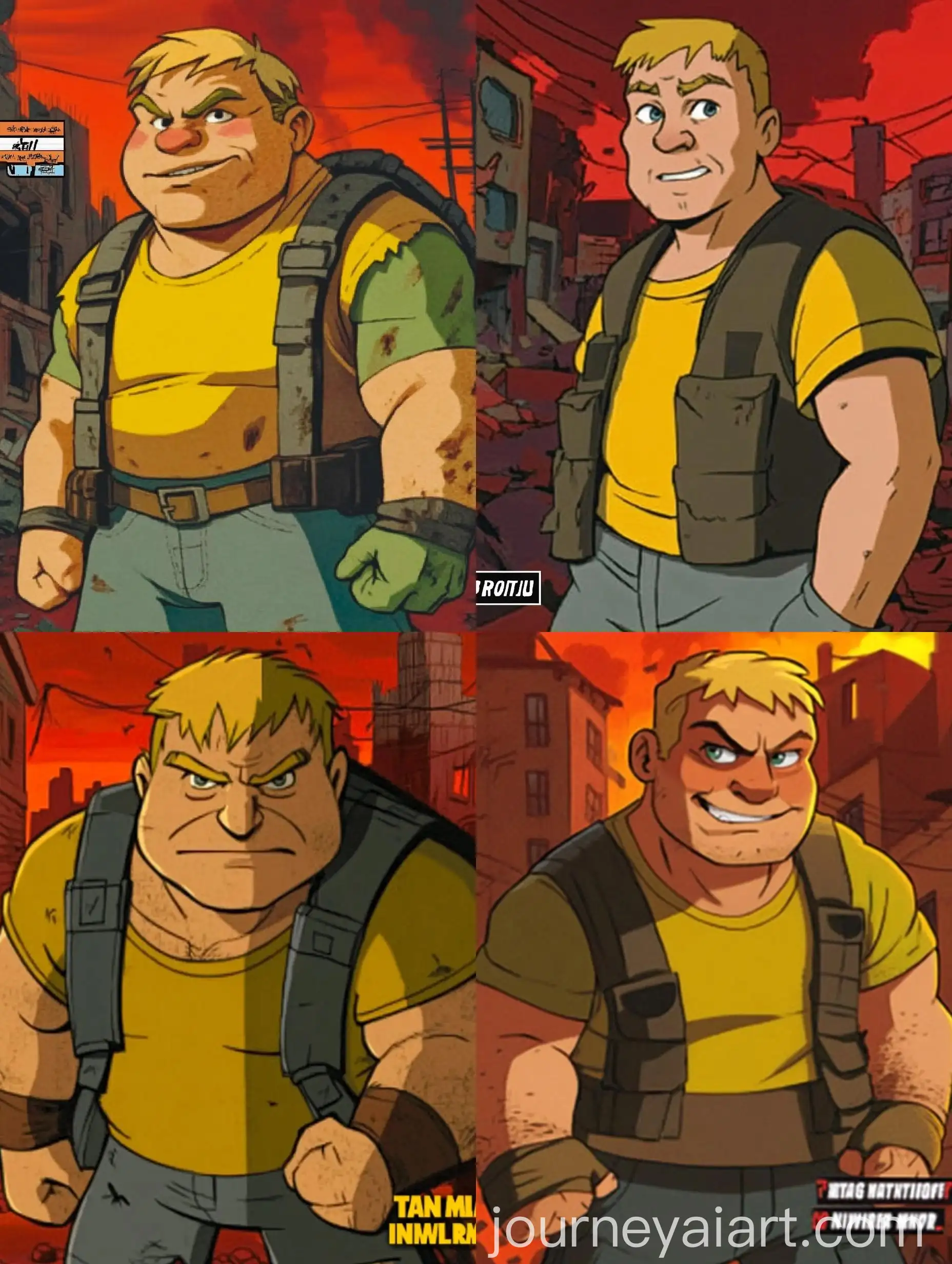 Blonde-Man-in-Cartoon-Style-Amidst-Destroyed-Houses