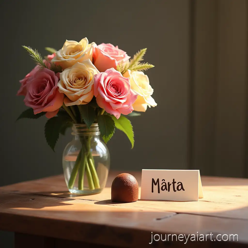Elegant-Flower-Bouquet-and-BonFlower-bouquet-on-tablebon-with-Personalized-Card-on-Wooden-Table
