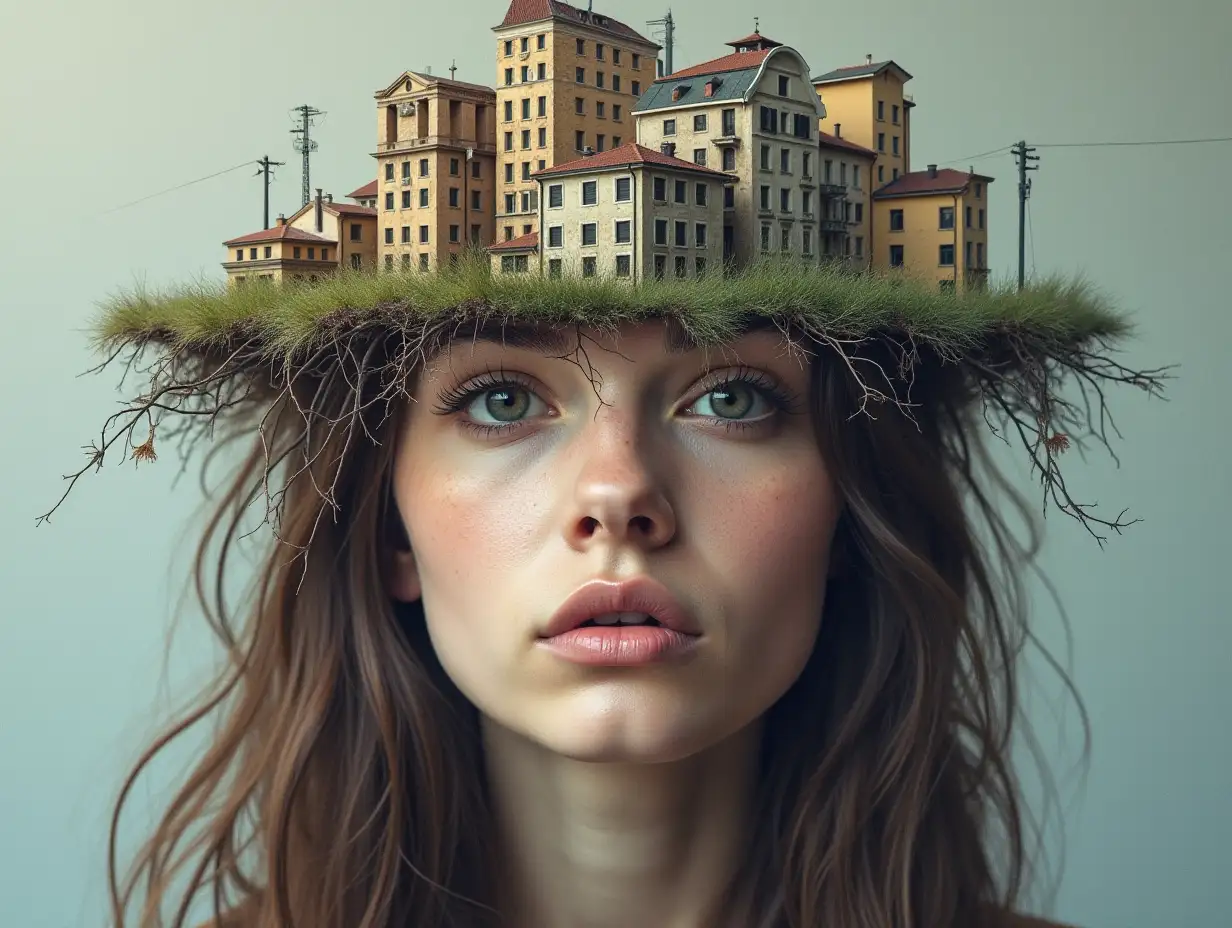 Face with hair transforms into building