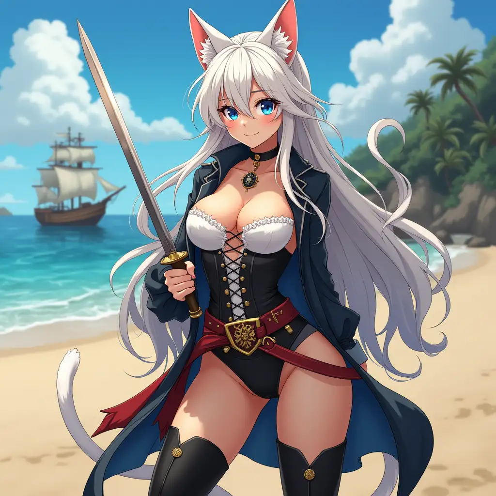 A mature adult feline/woman dressed as a pirate with a sword on a beach.  A pirate ship in the background. Her 30-something years are disguised by her youthful facial features, except for her subtle wrinkles around the eyes, extremely slender body. Her ample bosom strains against her clothing, threatening to burst free from the fabric, extreme cleavage.  Wearing black thigh high pirate boots. She has piercing blue cat eyes. A choker adorns her neck, a subtle hint at her feline nature. Her long, white hair cascades down her back like a wild waterfall, tangled and disheveled. Her cat-like teeth glint in the light, as her white fur-lined ears punctuate her visage with sparkling black and gold earring adorns each ear, adding a touch of elegance to her feline features. Cat whiskers on her face. The attached tail at the base of her spine stirs lazily.  Long fingernails. Full body view. Anime.