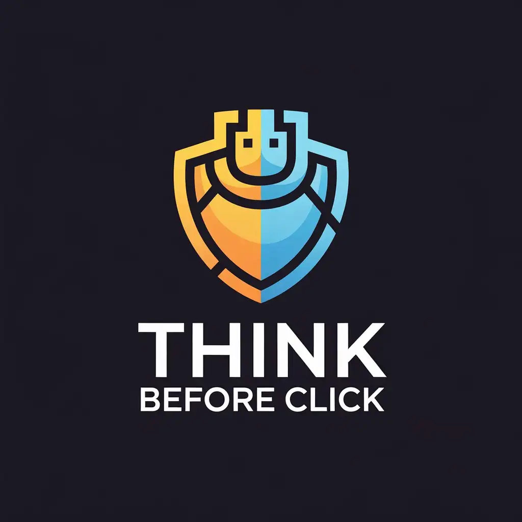 LOGO Design for THINK BEFORE CLICK Fresh Ideas Symbol with Robot Shield and Modern Tech Elements on Black Background